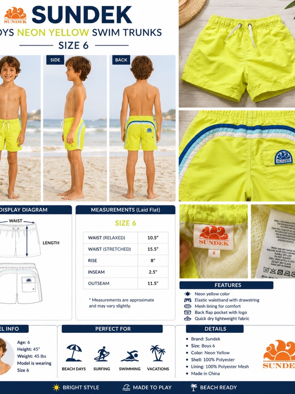 Sundek Boys Neon Yellow Swim Trunks Board Shorts Size 6 Mesh Lined Beach Pool